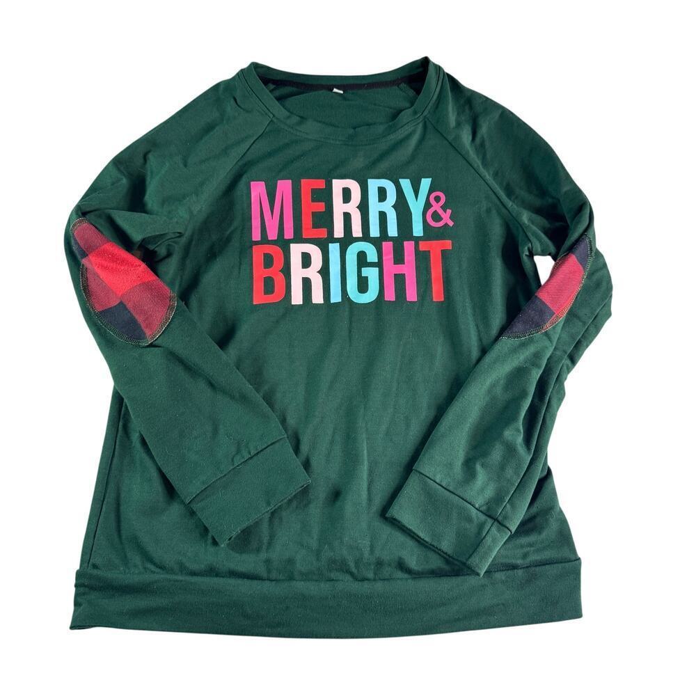 Womens sz Large Merry & Bright Christmas Sweatshirt Green Plaid Elbow Patch